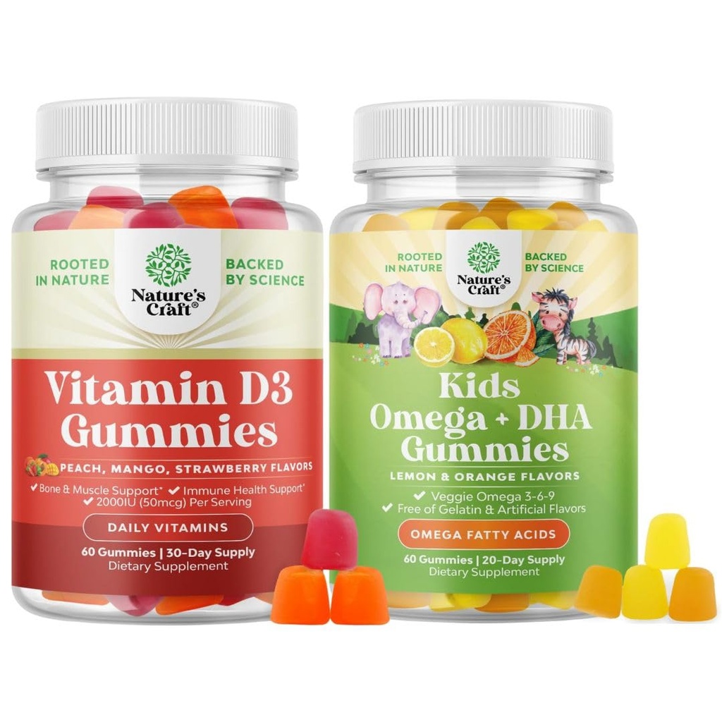 Bundle of Vitamin D3 Gummies for Daily Wellness with 2000IU per Serving Bone Muscle & Immune Support and Kids DHA Omega 3 Gummies - Fatty Acids Omega 3 6 9 for Brain, Immune Strength & Vision