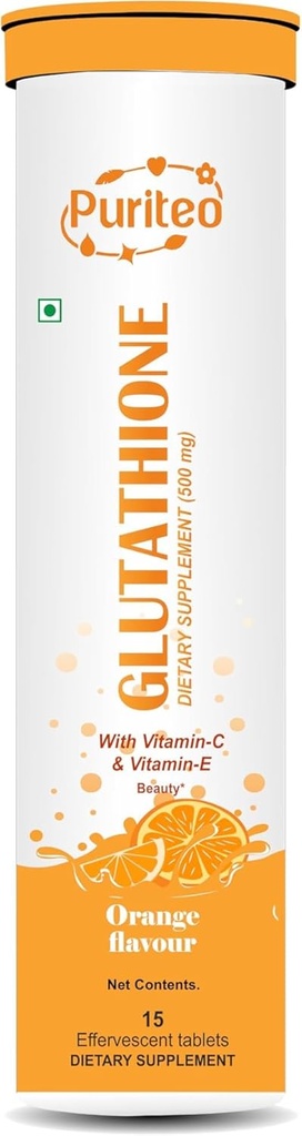 Glutathione 15 Effervescent Tablets with Vitamin C ' E, for Clear Skin ' Hydration, No Added Sugar, Orange Flavour - (15 Tablets, Pack of 1)