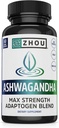 Zhou Ashwagandha - Ashwagandha и Rhodiola за жени и мъже, Adaptogen Ashwaganda Extract 1200 mg с черен пипер, Adaptogenic Support Appliment for Cleam, Mood, Sleep - 60 Вегетариански капсули
