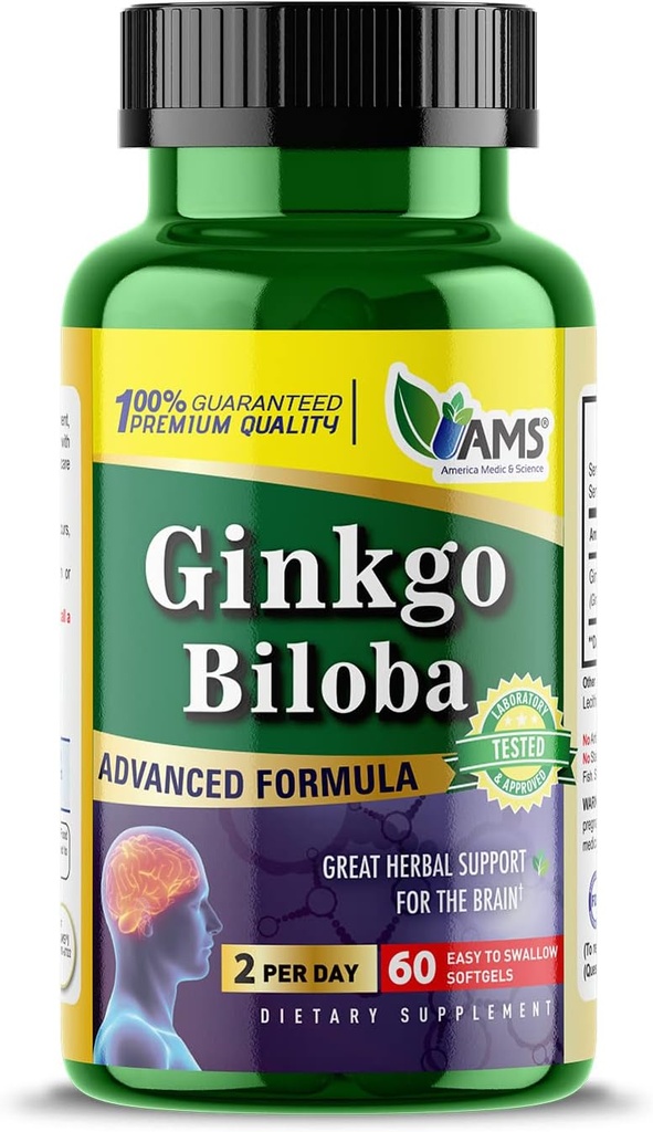 America Medic & Science Ginkgo Biloba 60mg (60 Softgels) | Brain Booster Supplement för män och kvinnor | Mind Enhancer med Herbal Leaf Extract