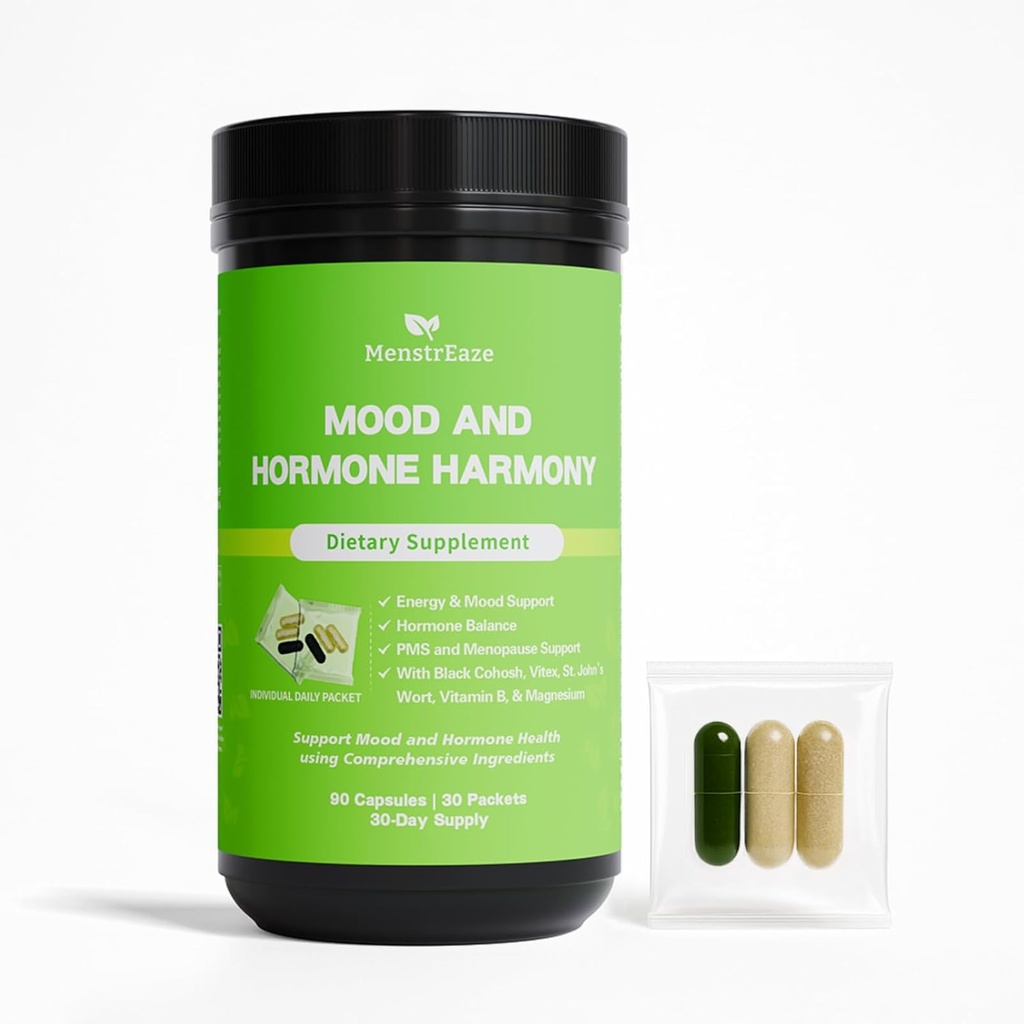 Qadınlar üçün Hormon Balance – PMS Mood, Menstrual Cramp, Bloating, Hormonsuz Perimenopause & Menopause Support, Chasteberry, Black Cohosh, St. John's Wort, 30 Daily Packets