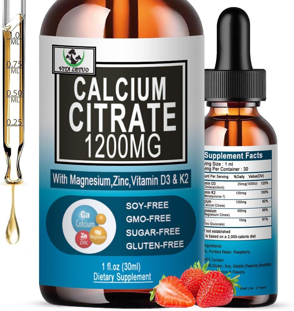 Calcium Citrate Supplement,1200mg Calcium D3 Drops bitaminarekin Bone,Teeth,Colon,Cardiovascular Health, High Absorption Liquid Calcium Magnesium Citrate 400mg Plus Zinc bitamina K2,Vegan,30
