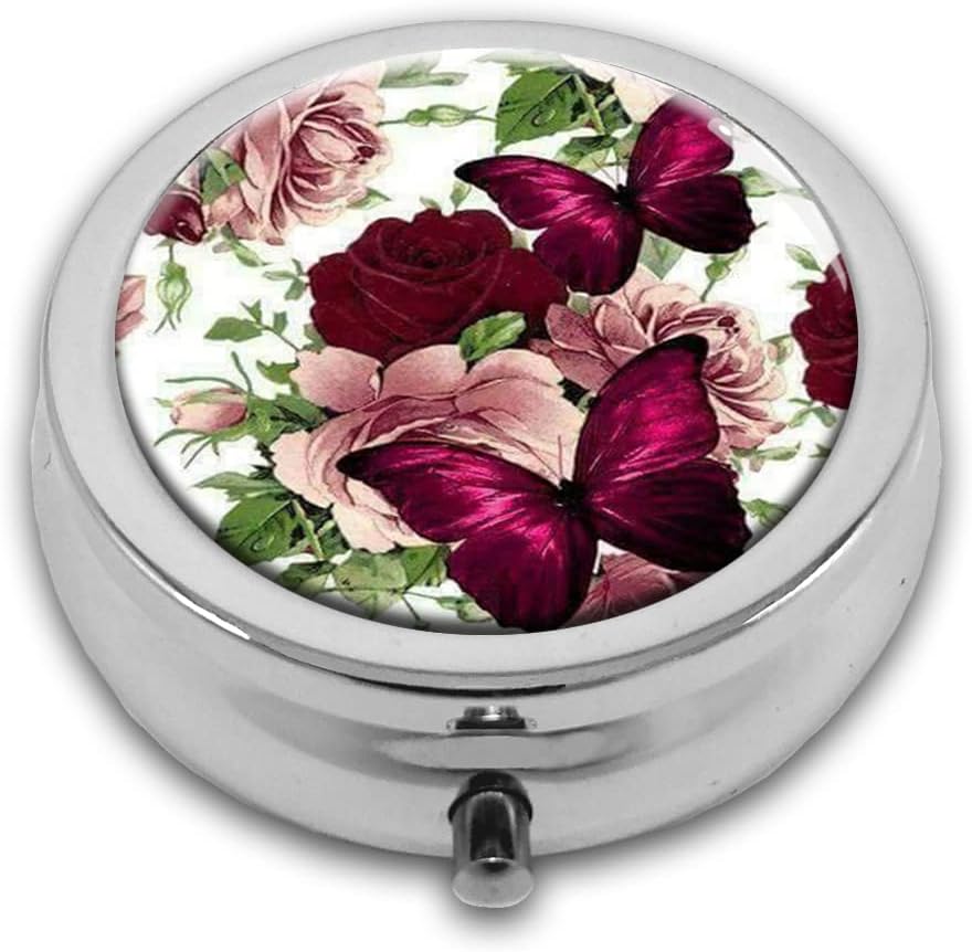 Rose Motyle Pill Pudełko Torebka Mały okrągły srebrny Pill Case Decorative Box Metal Medicine Witamina Pill Organizer Przenośny unikalny prezent