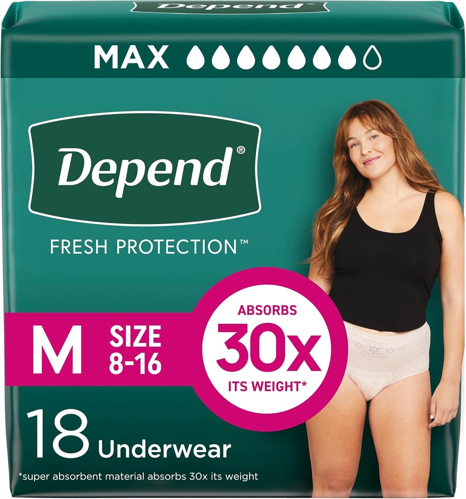 Depend Fresh Protection Adult Diapers, Indentinence & Postpartum Bladder Leak Wear for Women, Disposable, Maximum, Medium, Blush, 18 Count, Packing May Vary