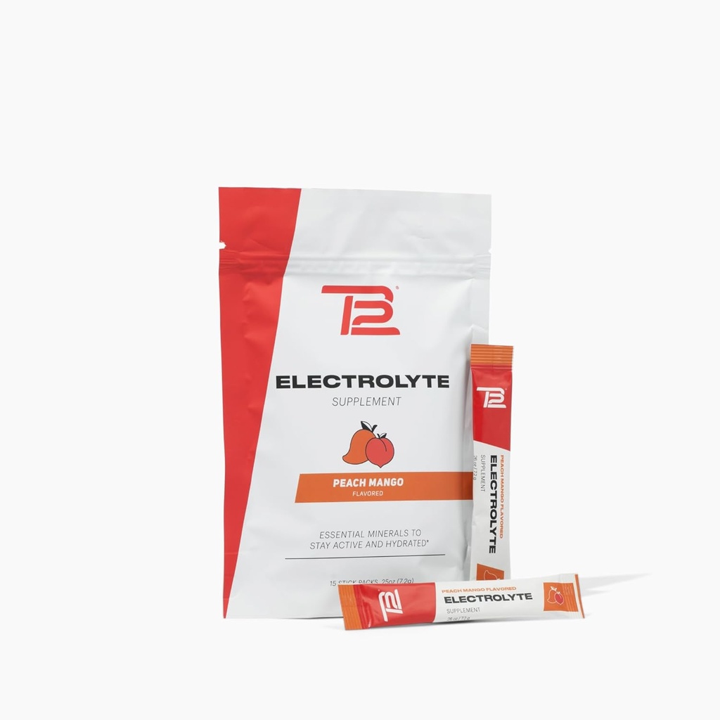 TB12 Eletrolíticos Pó Pacotes Mango de pêssego – Mineral-Rich Eletrolito Pó para hidratação rápida por Tom Brady - Natural, Baixo Açúcar, Vegan, Sem glúten, Fácil de misturar - 15 Stickpacks