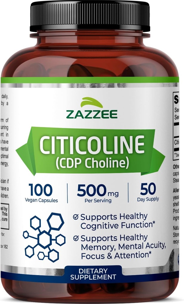 Zazzee Extra Strength Citicoline, 500 mg / Serving, 100 Vegan kapszula, Superior CDP Kolin Form, 100% vegetáriánus és gyógyszerészeti osztály, 50- napos ellátás, All- Natural és Non-GMO