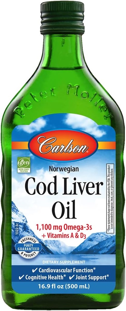 Carlson - Cod Liver Oil, 1100 mg Omega-3s + A & D3, Wild-Caught Norwegian Arctic Cod-Liver Oil, Sustainably Sourced Nordic Fish Oil Liquid, Unflavored, 500 mL (16.9 Fl Oz)