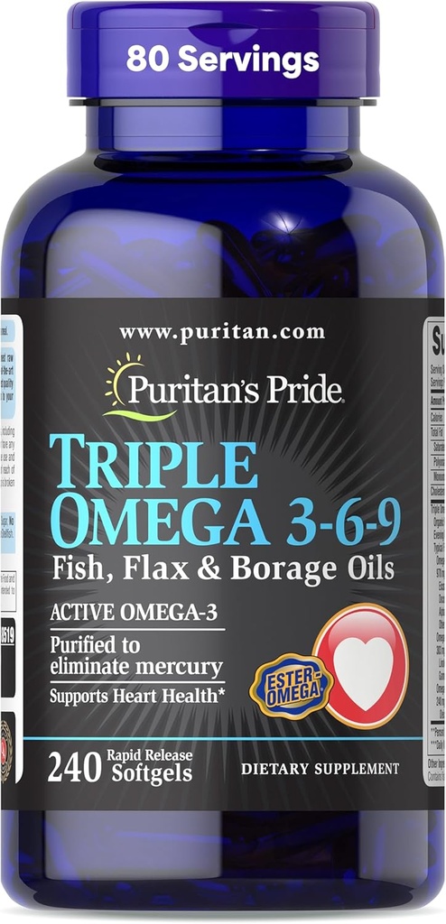 Puritan 's Pride Premium Triple Active Omega 3- 6- 9 Fish, Flax, and Borage Oils, Diétás Supplement for Heart, Joint, and Cellular Health Support, 240 Rapid Release Softgels