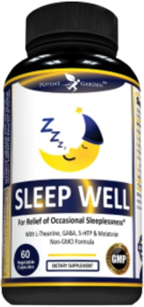 Potent Garden Sleep Well Sleep Aid-ek Melatonin Valerian Root L-Theanine GABA & More dauka, Lotarako Laguntza Naturalak Ez-Habit Helduentzako Sleep Aid-ak 60 Veggie Caps-ekin