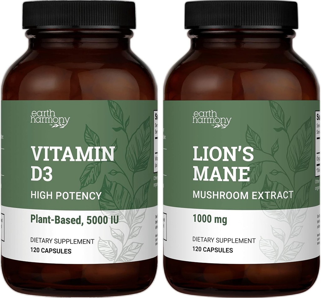 Earth Harmony Vegan Vitamin D3 5000 iu & Organic Lion's Mane 1000mg dodatek - 120 kapsul vsak