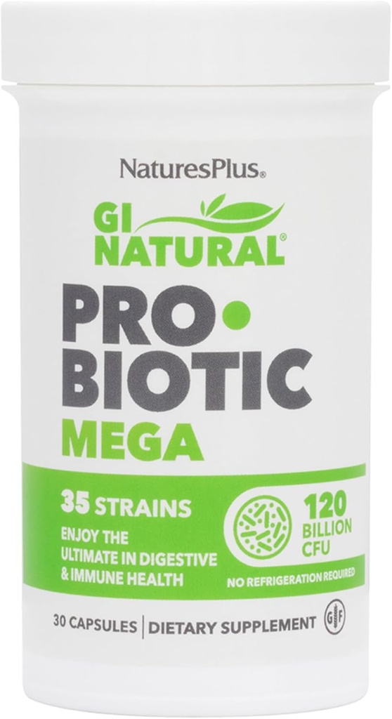 NaturesPlus GI Natural Probiotic Mega - 30 Capsules, Pack de 2 - Salud Digestiva &amp; Inmunitaria - Gluten Gratis - 60 Total Servings