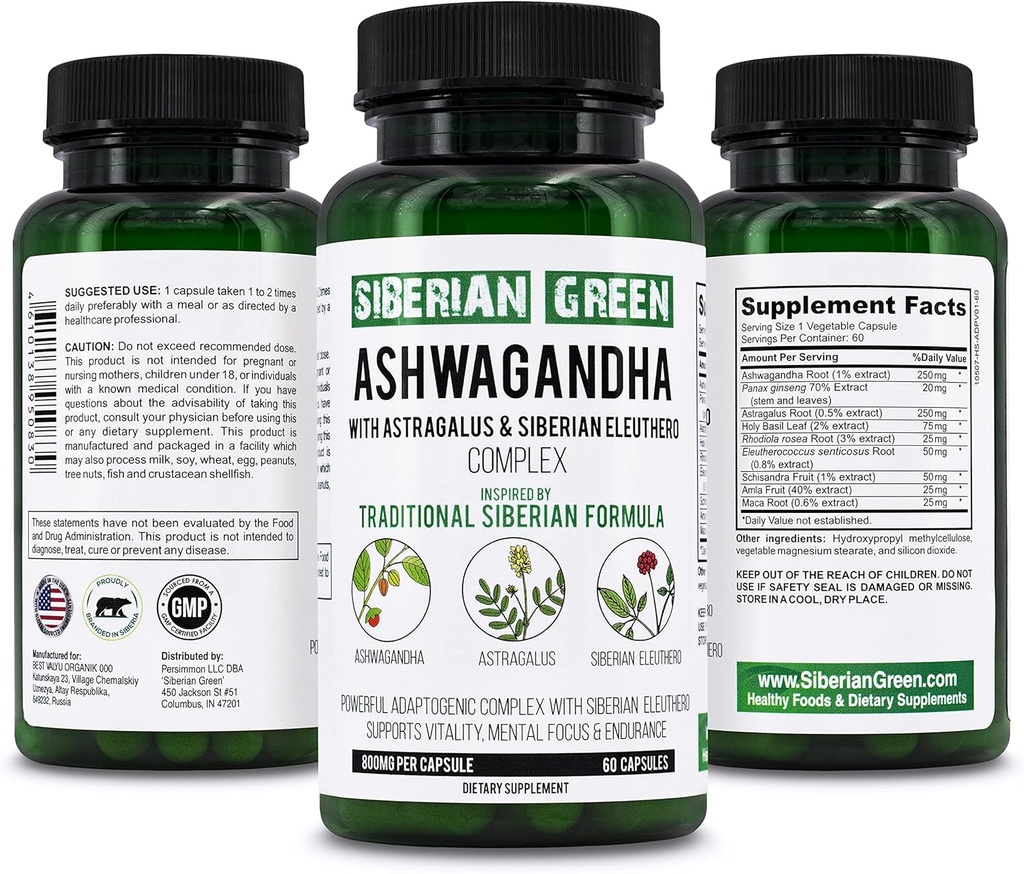 Sibírsky zelený organický Ashwagandha Root s Astragalus & Sibírsky Eleuthero Ginseng Complex 60 Kapsule Výkonná bylinná podpora