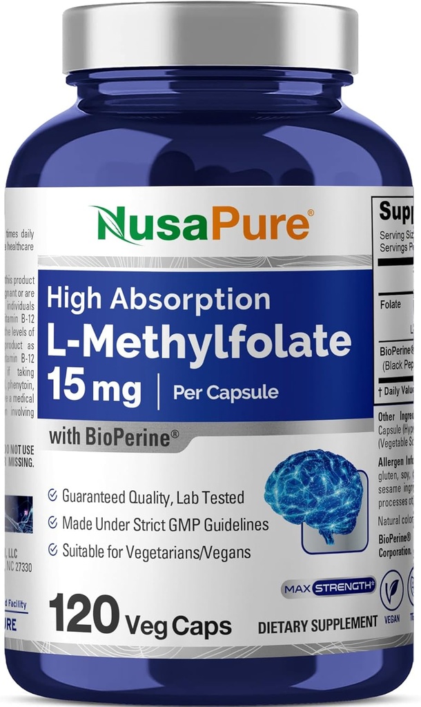 NusaPure L Méthylfolate 15mg, 120 Capsules de Veggie, Biopérine
