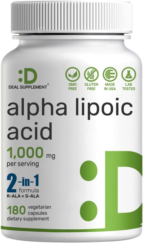 Ácido Alfa Lipóico 1.000mg, 180 Cápsulas Veggie – 50/50 R-ALA & S-ALA para Max Biodisponibilidade – Suplemento Antioxidante – Energia & Sistema Nervoso Suporte – Não-GMO