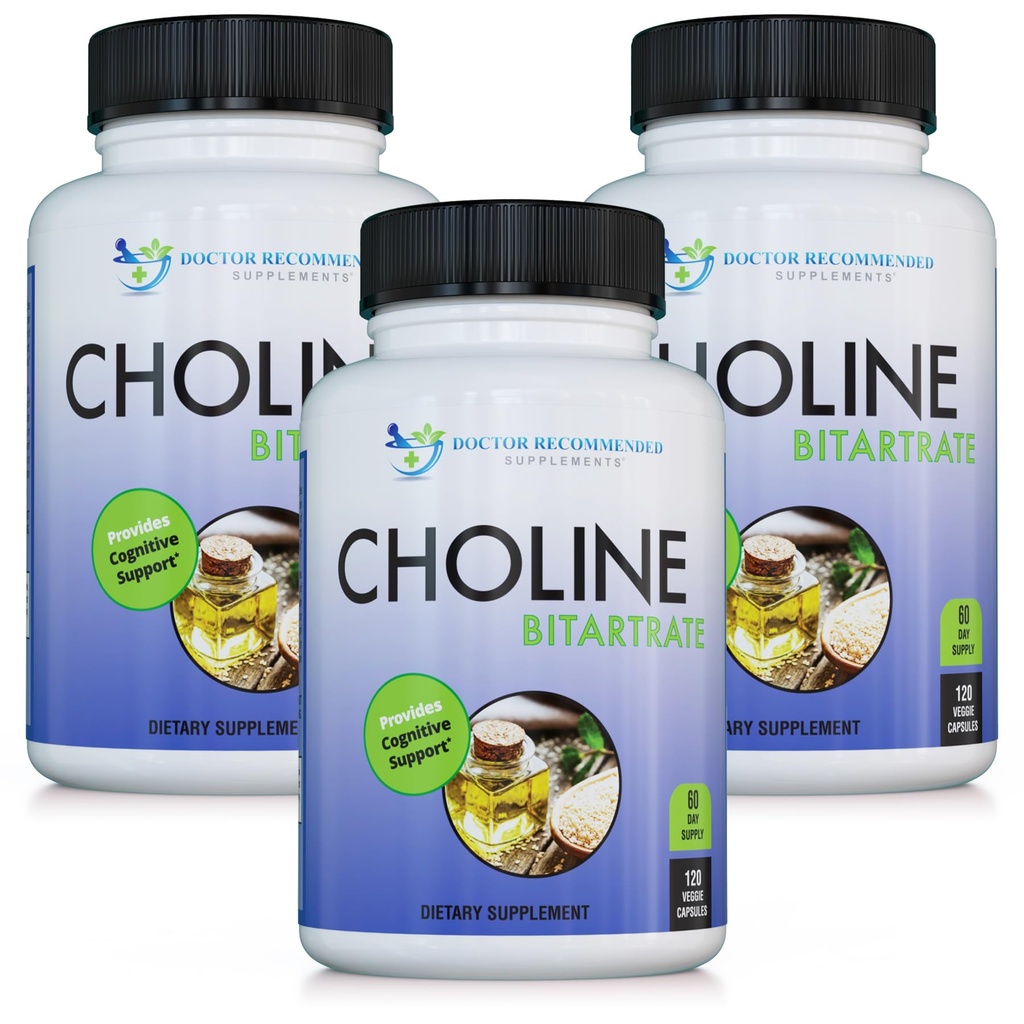 DOCTOR RECOMMENDED SUPPLEMENTS Premium Choline - 500 mg - 120 Veggie Capsules Supports Cognitive Health, Memory & More - 3 Pack