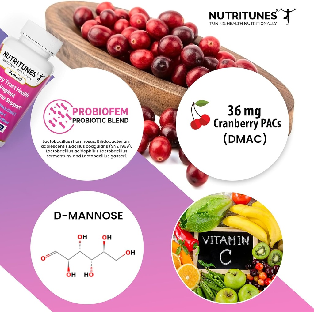 Qadınlar, Vitamin C və Qadınlar üçün D Mannose Ekspertlər ilə səviyyəli Psixologiya, Lactobacillus və Bifidobacterium Urinary Tract Health üçün səviyyələri - 60 Femuni UTH Capsules