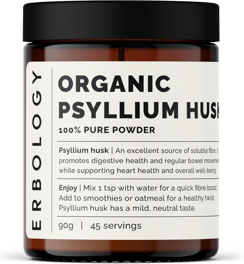 Erbology Organic Psylium Husk Powder 3.2 oz - 45 Servings - Promotes Digestive Health and Regular Bowel Movements - Udržitelně sourced Straight from Farm in India - Small Batch - Vegan - GMO-Free