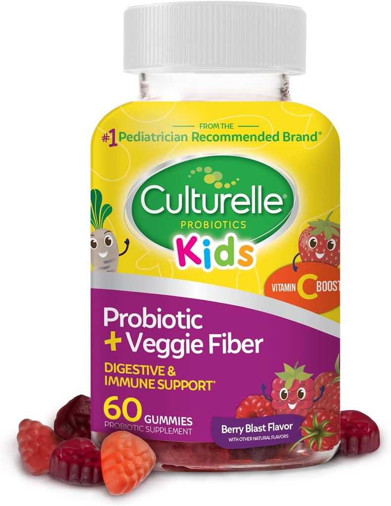Culturelle Daily Probiotic for Kids + Veggie Fiber Gummies (Ages 3+) - 60 count - Digestive Health ' Immune Support – Berry Flavor with a Vitamin C Boost