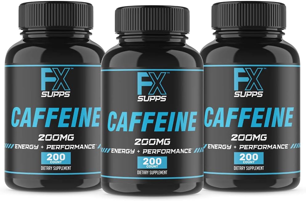 FXSUPPS 카페인 200mg 알약 (3 팩, 600 캡슐) - 남성과 여성을위한 빠른 식 에너지 지원 보충 | 지원 초점, 경고 및 대사 기능 Naturally