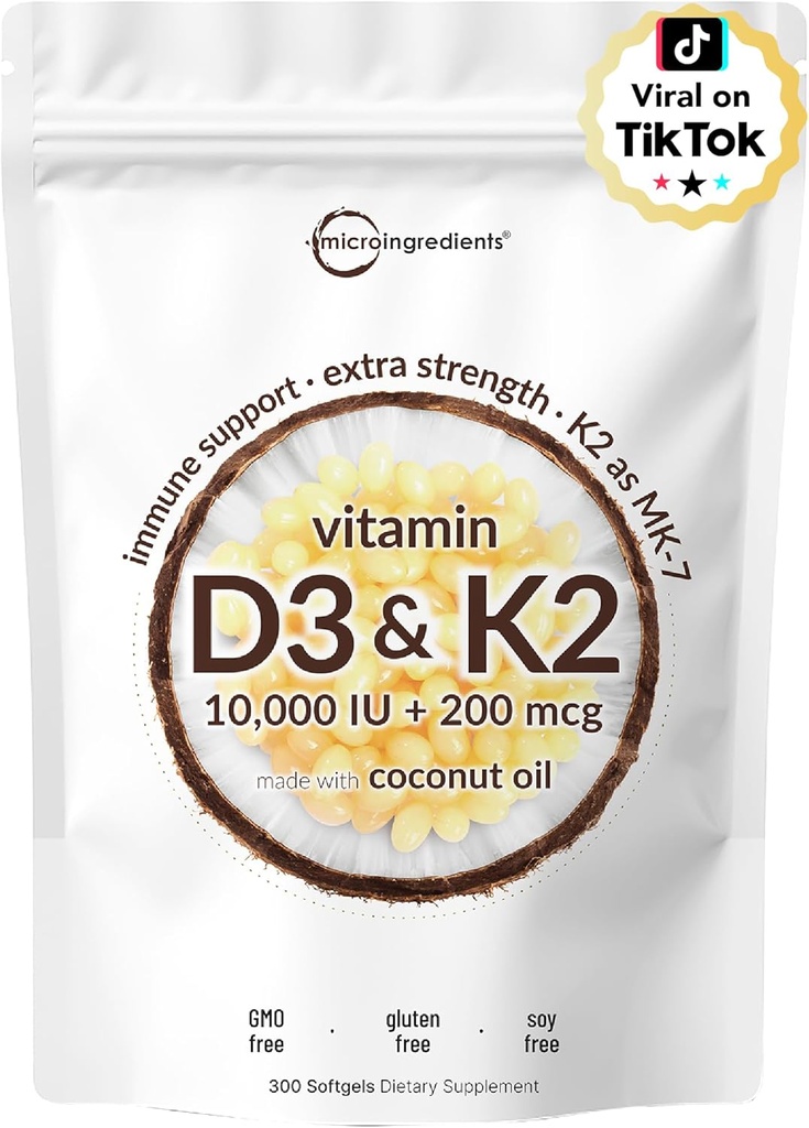 Micro Ingredients Vitamin D3 10.000 IE + K2 MK- 7 200 mcg, 300 Softgels with Virgin Coconut Oil against 124; 2 - in-1 Vitamin D & K Complex