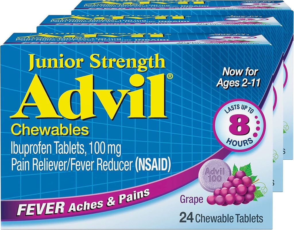 Advil Junior Power Chewable Ibuprofen Pain Reliever ו- Feverductionr, Ibuprofen for Pain Relief, Grape - 24 Tablets (Pack of 3)