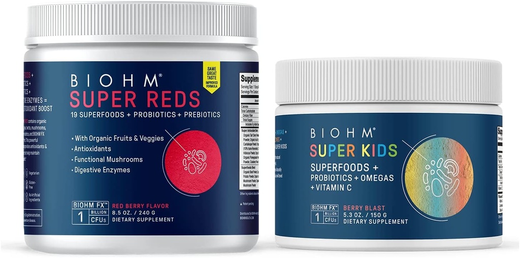 BIOHM Super Reds Superfood Mills, Tart Cherry & Super Kids Superfood Mills + Probiotics, Benefitive Antioksidants & Omega-3 - Gluten Free, GMO Free, Dairy Free, Nėra dirbtinių ingredientų