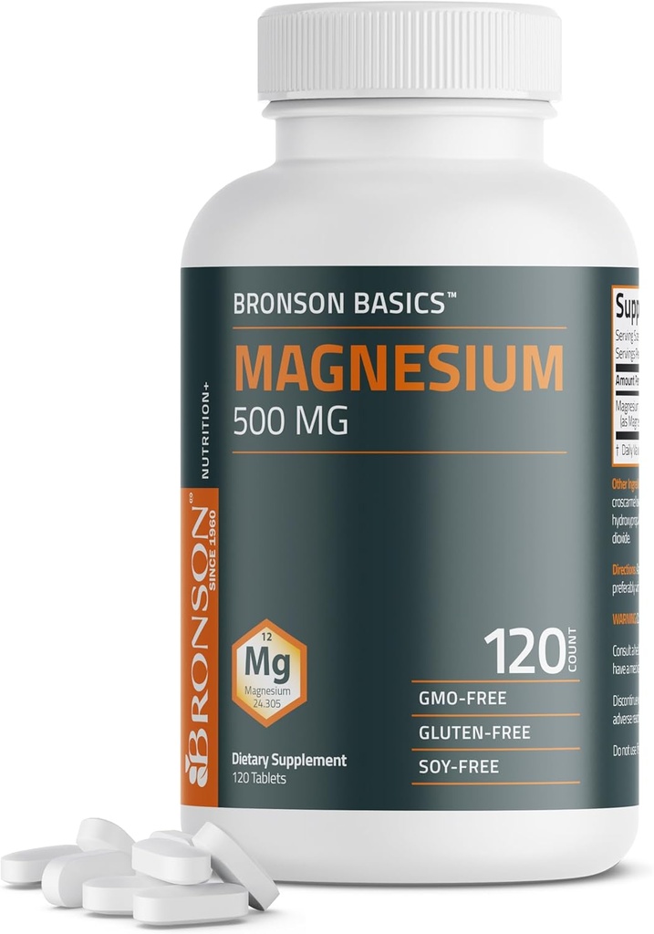 Bronson Magnezyum 500 MG Supports Bone & Muscle Health & Nervous System Support - Qeyri-GMO, 120 Vegetarian Tablet
