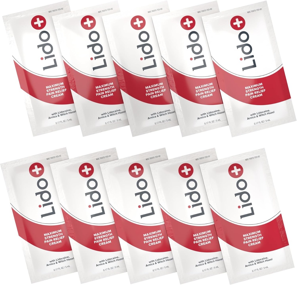 Lido + 10- Pack Lidocaine Cream Sachets - 124; Rapid Relief for Joint and Muscle Pain, Pain Relief Requires 124; Long- Lasting Formula, Made in USA