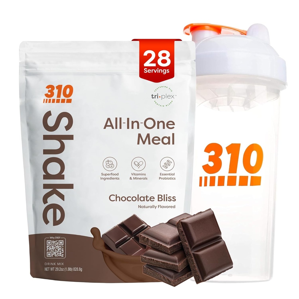 310 Nutrition All-in-One Meal Replacement Shake Powder w/Shaker Cup Starter Kit - High Protein Fiber Rich Vegan Superfood Blend - Sugar-Free, Keto & Paleo Friendly, Low Carb - Chocolate Bliss 28 srv