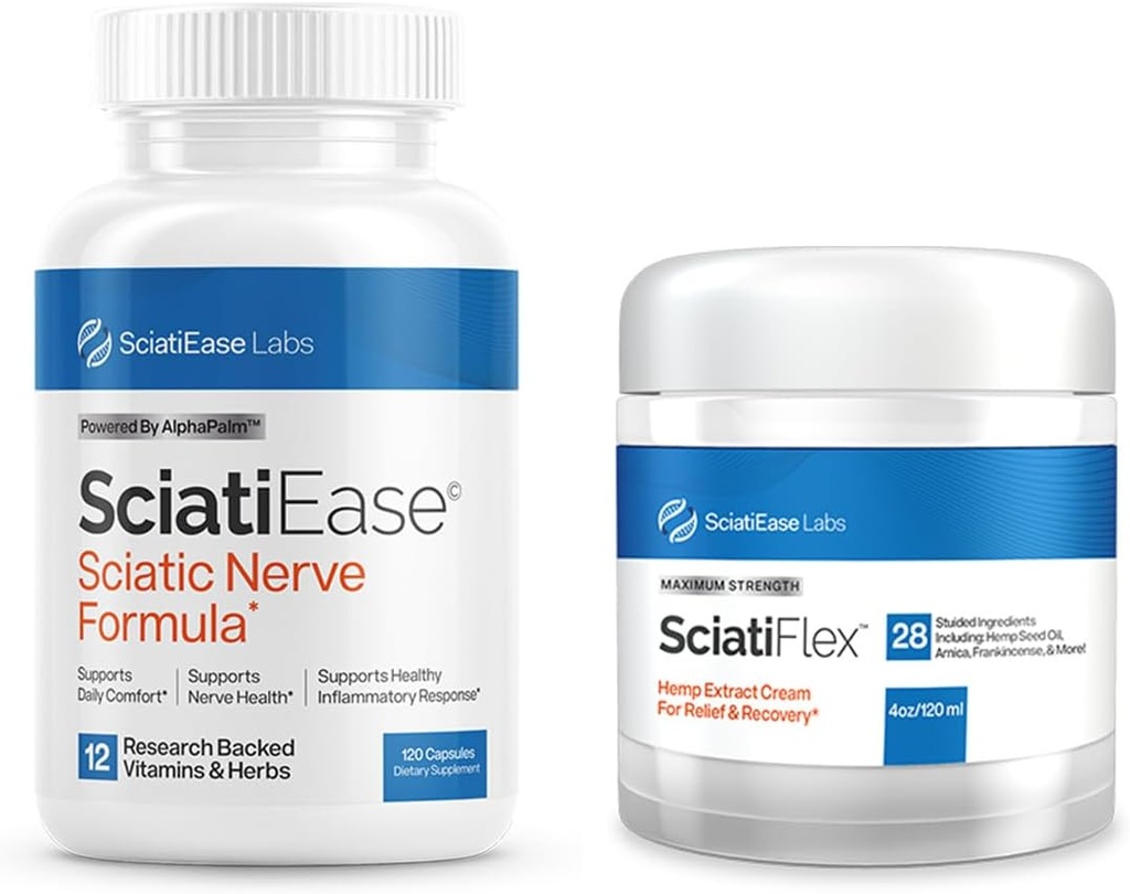 SciatiEase Sciatic Nerve Supplement Sciati Ease and SciatiFlex Bundle with Alpha Palm and Maximum Strength Sciatic Cream with Hemp and Arnica Extract