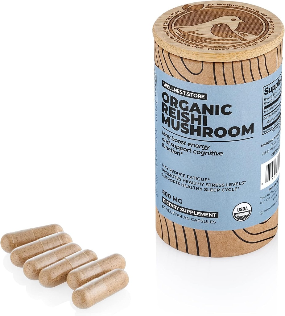 Reishi Organic Mushroom Supplement Kapsler | Ganoderma Extract, Immune Support Supplement | Øker energi, kjemper tretthet og støtter kognitiv funksjon | Mushroom Extract Kapsler (60)