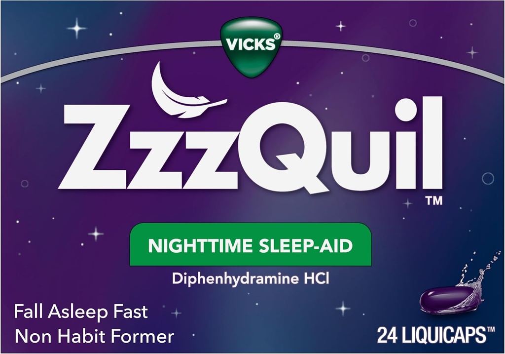 Vicks ZzzQuil, Nighttime Sleep Aid LiquiCaps, 25 mg Difenhydramine HCl, No.1 Sleep- Aid Brand, Non- Habit Forming, Fall Asleep Fast, 24 Count