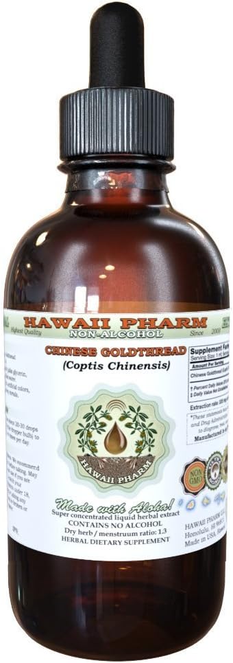 Estratto di liquido senza alcool di oro cinese, Goldthread cinese (Coptis Chinensis) Dried Root Glycerite Hawaii Pharm Natural Herbal Supplement 2oz