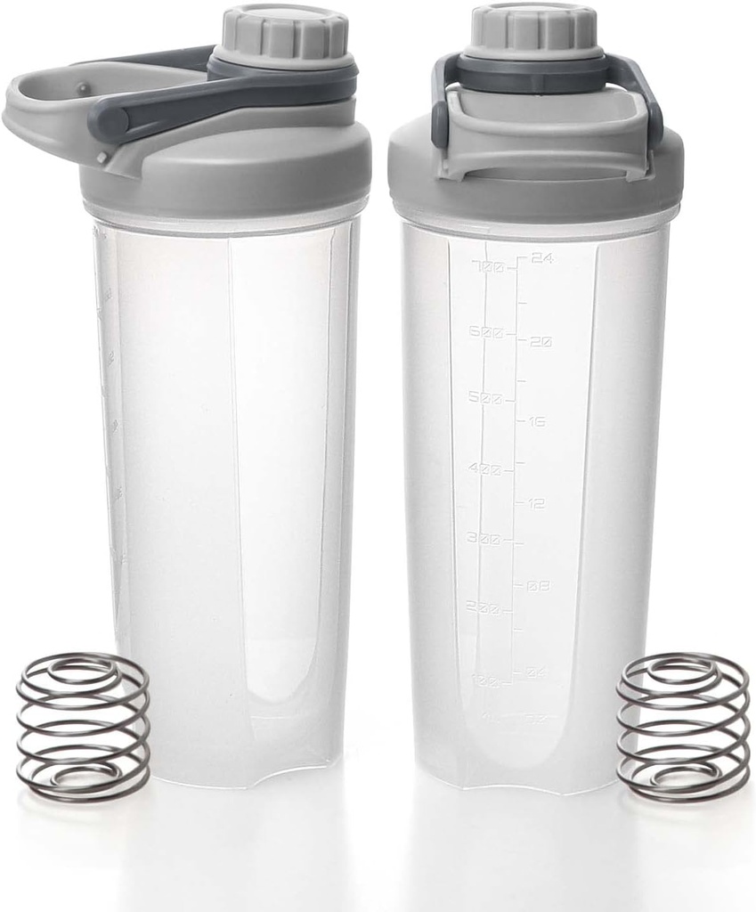 EYMPEU 2 Pack Shaker Bottles for Protein Mixes BPA & Phthalate Free, Solid Screw lid Leakproof Shaker Cup Dishwasher Safe for Protein Shakes 24oz, Clear Grey