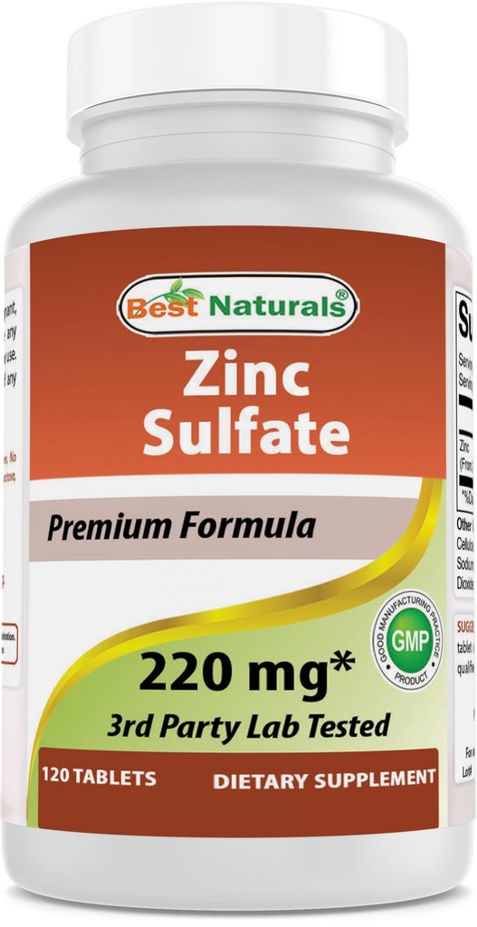 Best Naturals Zinc Sulfate 220 mg 120 Tablets - 3rd Party Lab Tested - Made in the USA - Gluten Free & Non-GMO