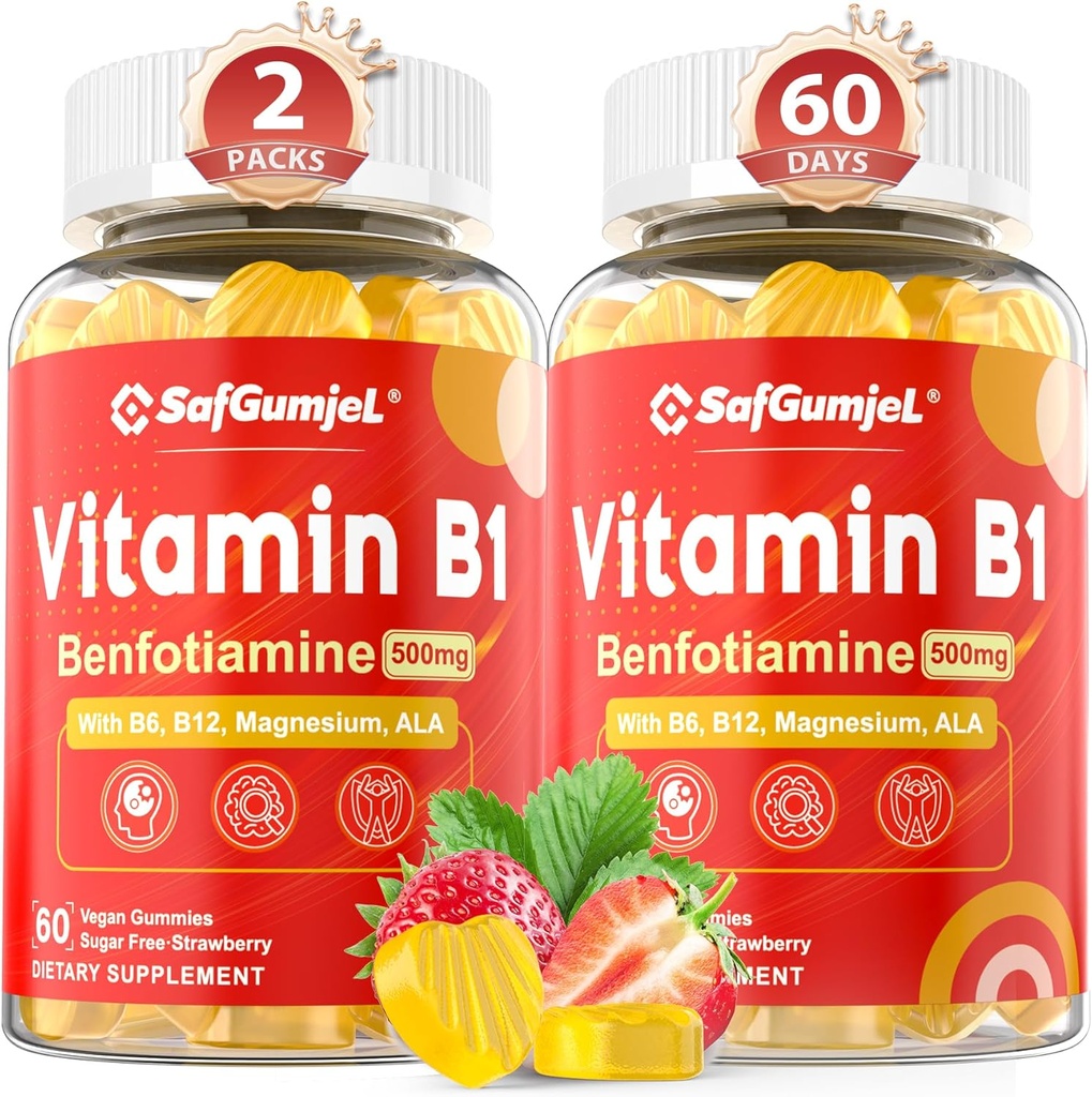 Vitamina B1 Gummies fort Benfotiamine 500mg con Vitamina B6 B9 B12 &amp; Magnesio para Nerve Health, Energy & Metabolism Support ¦ Sugar Free, Non GMO, Vegan, 120 Condes