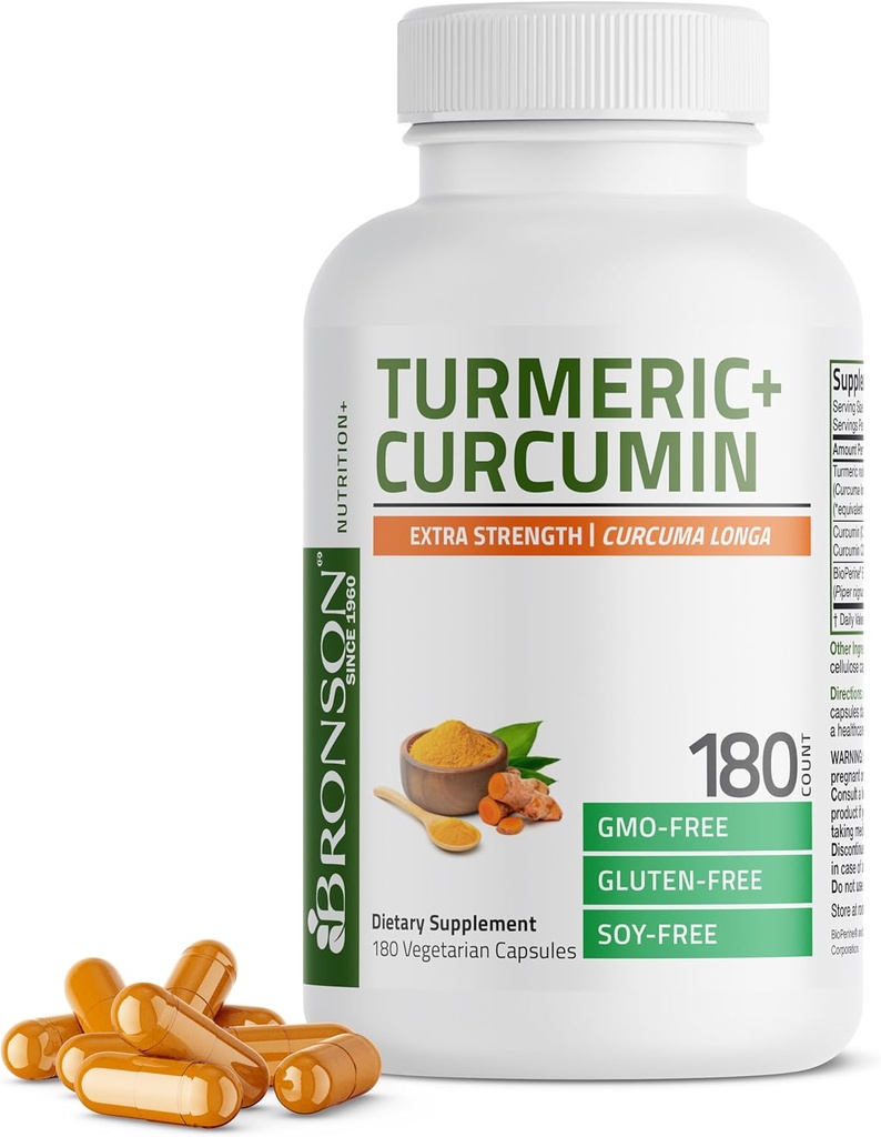 Bronson Turmeric Curcumin Extra Putere - Antioxidant, Suport Joint & Digestion cu BioPerine, Non-GMO, 180 Capsule vegetariene