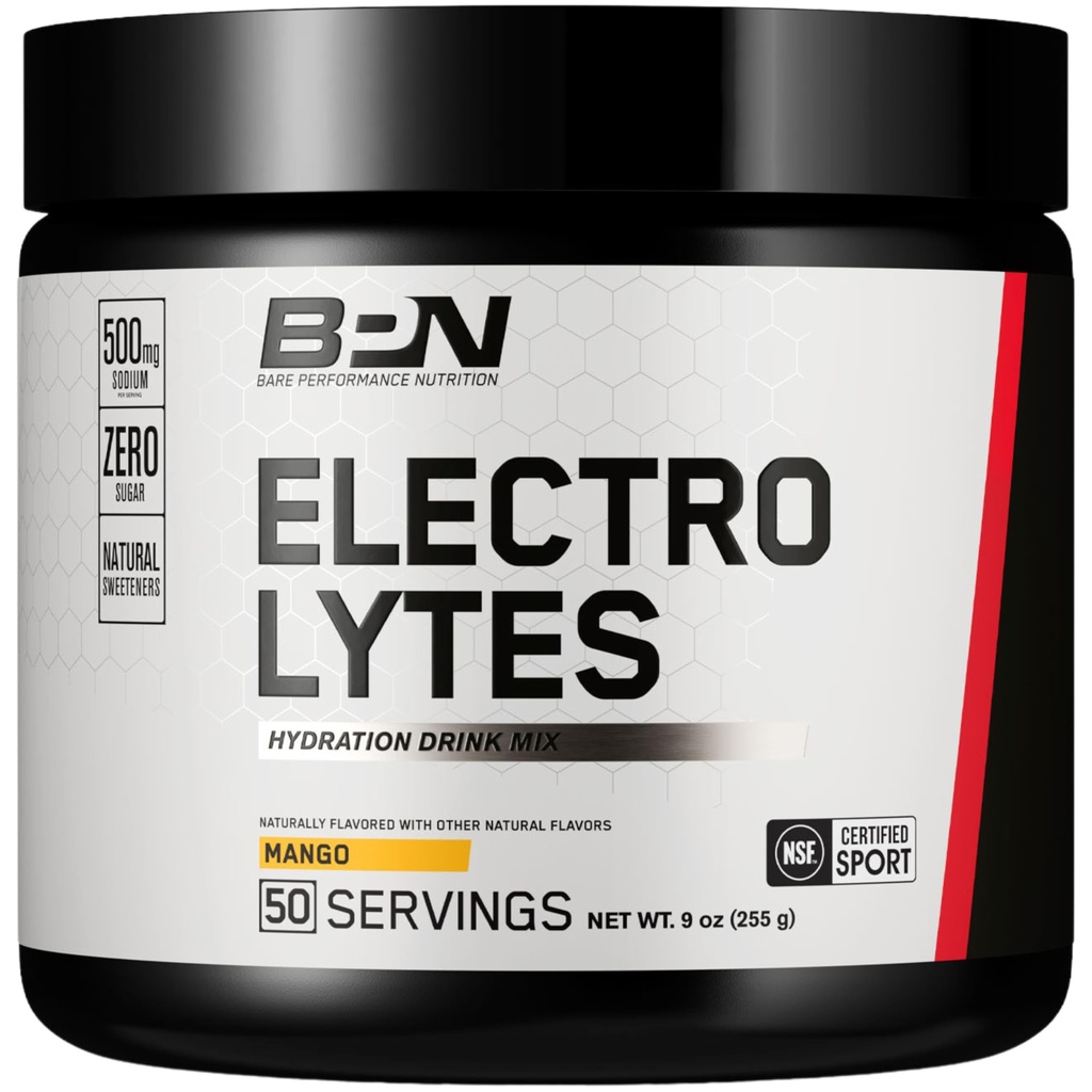 BARE PERFORMANCE NUTRITION BPN Electrolytes Hydration Drink Mix | Sugar Free Electrolyte Powder | 500mg Sodium per Serving | Naturally Sweetened | Mango, 50 Servings