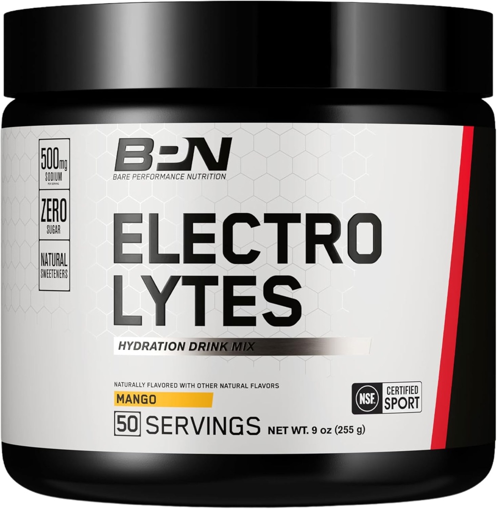 BARE PERFORMANCE PERNUTRITION BPN Electrolytes Hydration Drink Mix , Sugar Free Electrolyte Powder , 500mg Sodium per Serving , Naturally Sweetened , Mango, 50 Servings