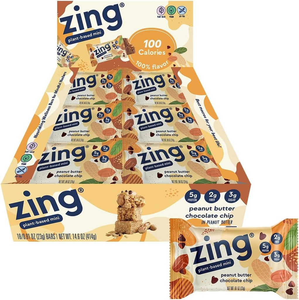 Zing Peanut Butter Chocolate Chip Kids Vegan Protein Bars, Gluten Free 100 Calorie Mini Bars, Dairy Free Nutrition Bars with Plant Based Protein, Kosher, No Soy, No Sugar Alcohols - 18 count