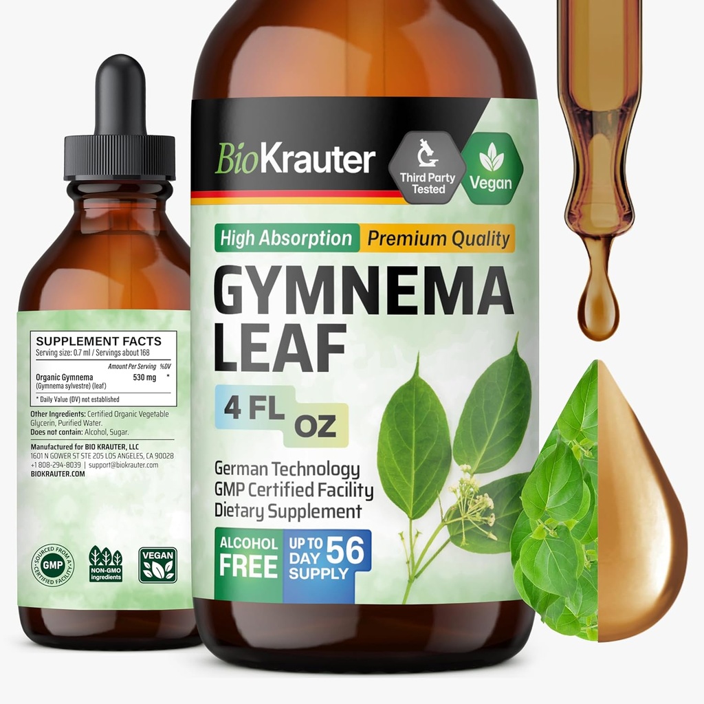 BIO KRAUTER Gymnema Sylvestre Extrakt Tropfen - Alkohol und Zuckerfrei - Vegan Gymnema Blatt Extrakt 4 Fl.Oz.