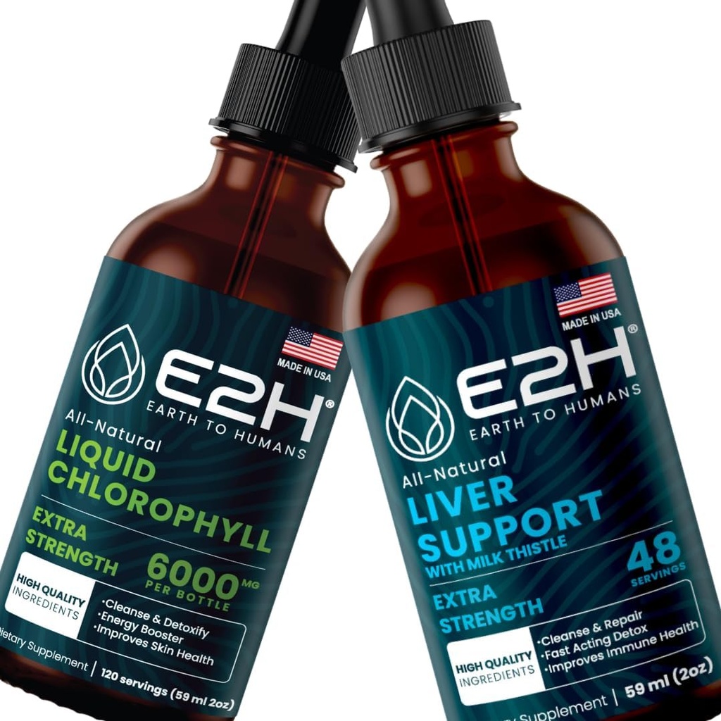 E2H: Cair Chlorophyll dan Liver Dukungan Supplemen 124; Vegan, Non- GMO - 2 Fl Oz Setiap (4 Fl Oz Total) - Bundle