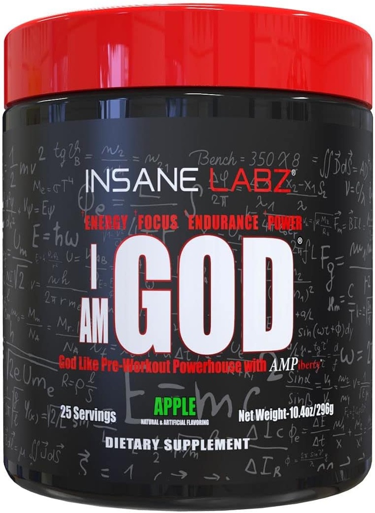 Insane Labz I am God Pre Workout, High Stim Pre Workout Powder Cargado con creatina e DMAE Bitartrate alimentado por AMPiberry, Energy Focus Endurance Muscle Growth, 25 Srvgs, Apple