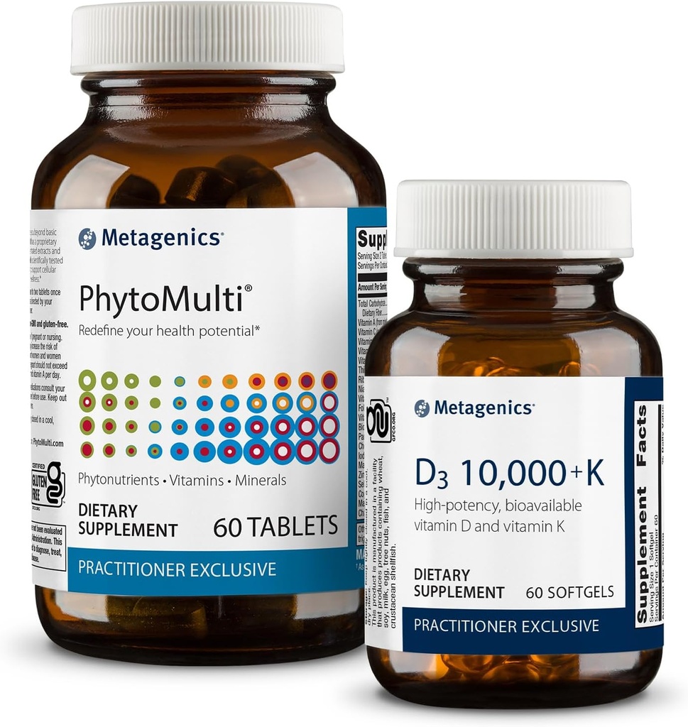 Metageenika Essential Wellness Duo: D3 10 000 + K - immuunsuse toetamiseks, luude terviseks ja südame terviseks - 60 Softgels & PhytoMulti Ilma rauata - igapäevane multivitamiin üldise tervise ja vananemise jaoks - 60 tabletti
