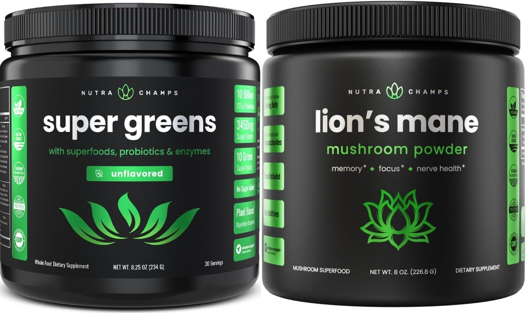 NutraChamps Super Green ízesítetlen & Oroszlánsörényes por. Zöldek & Adaptogen Bundle