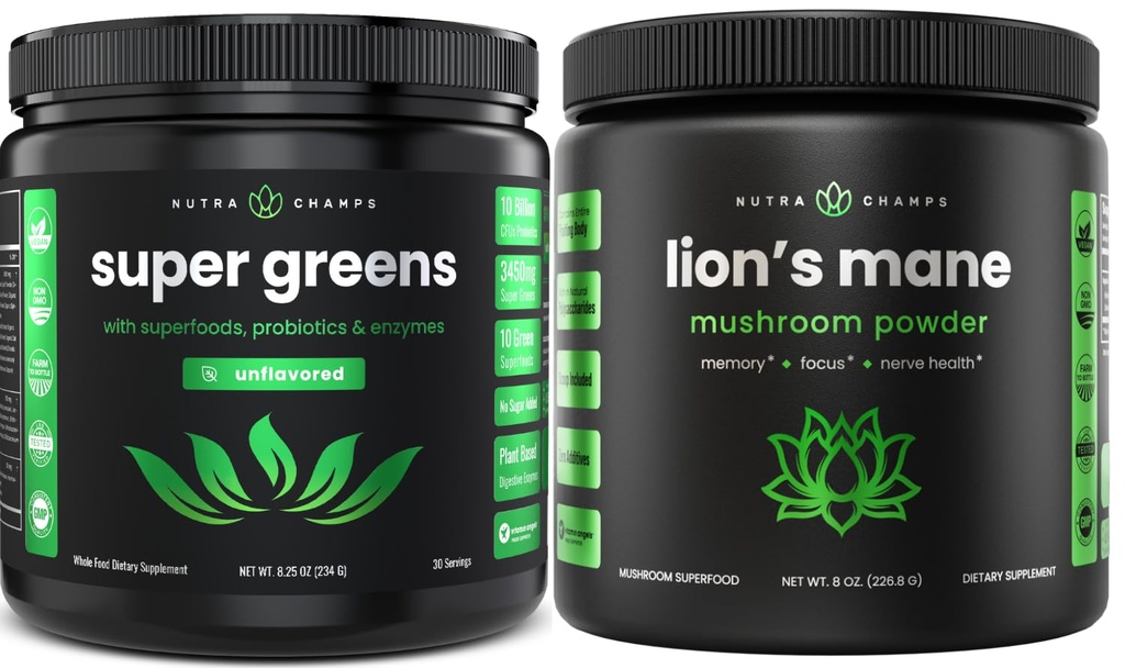 Super Green Unflavored & Lion's Mane Powder. Greens & Adaptogen Bundle