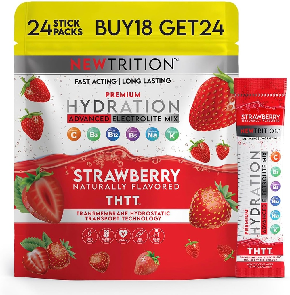 Hydration Pulver, Erdbeer-Pack mit 24 Elektrolyt-Pulver-Packets, Natürlich Flavored Hydrating-Packets für Wasser, Fast Acting Hydrate-Elektrolyten mit Vitaminen B&C, Energy & Recovery