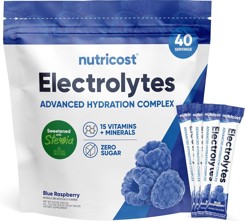 Nutricost Electrolytes Powder Hydration Packets (Blue Málna, 40 Servings) Alacsony kalóriatartalmú Keto Electrolytes Édesített Stevia - Non-GMO, glutén mentes és cukor mentes