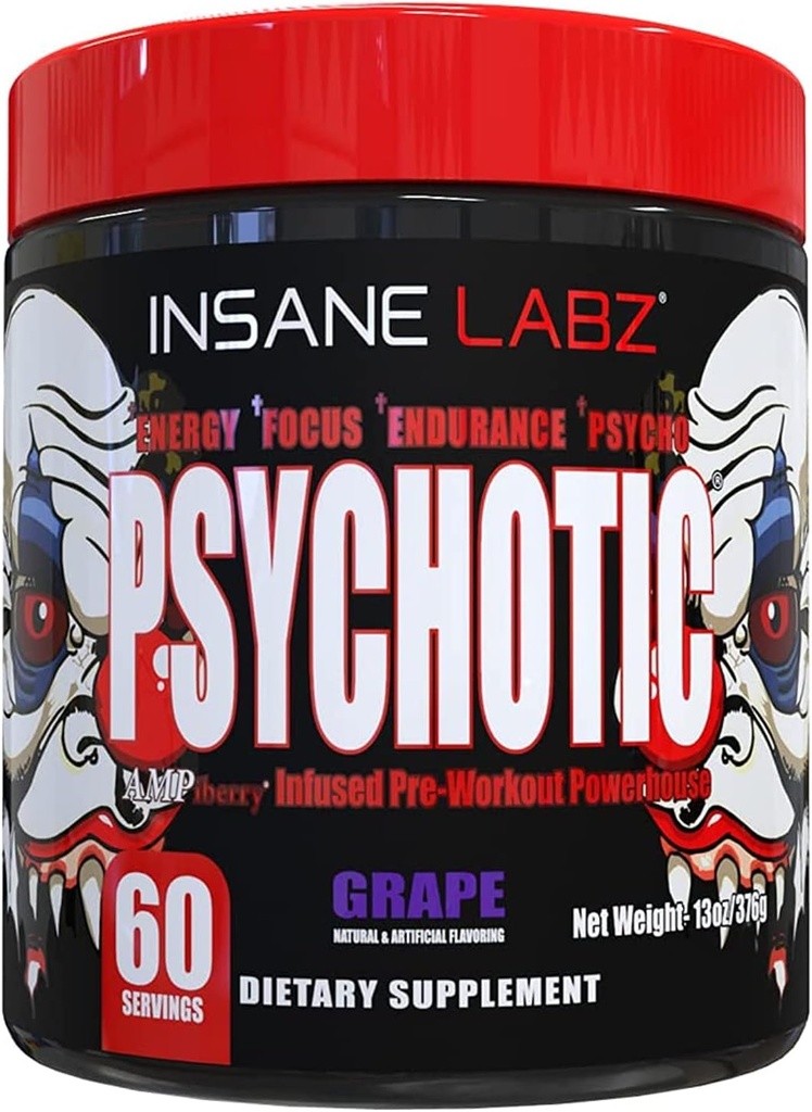 Insane Labz Psychotic, High Stimulant Pre Workout Pulder, Extreme Last Energy, Fookus ja vastupidavus beeta-alaniin, Kreatiin Monohüdraat, DMAE, 60 Srvgs, Viinamarja