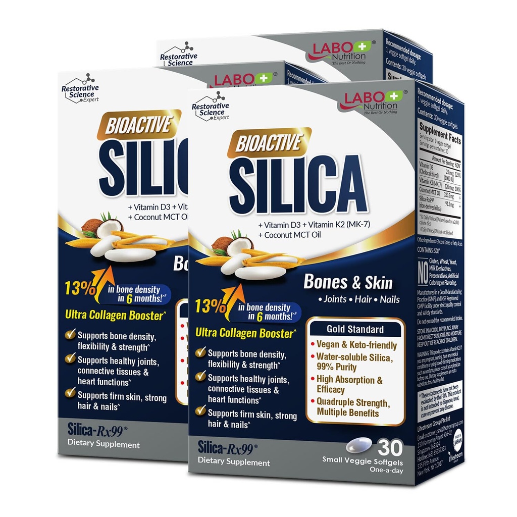 LABO Nutrition Bioactive Silica - Bone Joints Collagen Support - 3 Pack | 90 days' supply, vegan rice-derived silica-rx99, with vitamin D3 & K2, supports bone density & joint flexibility